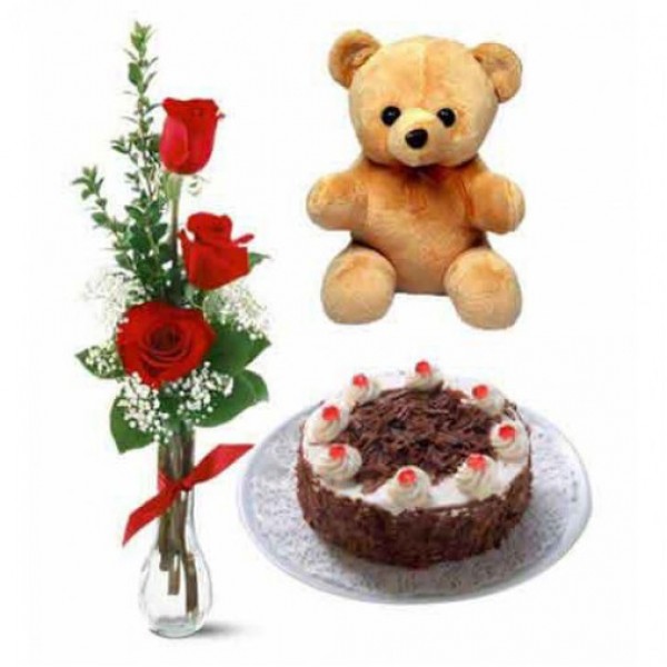 3 Tier Red Rose Arrangement in a Glass Vase with Teddy ( 6 inch) and Blackforest Cake( Half Kg)